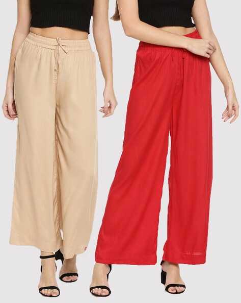 Women's Red Elastic Waist Drawstring Wide Leg Pants 