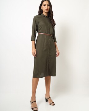 solid shirred button front shirt dress