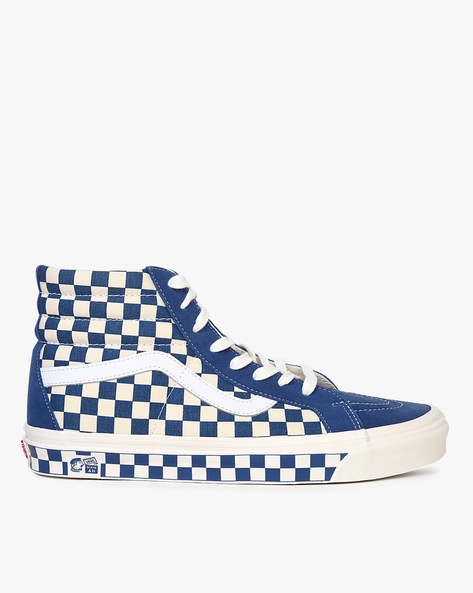 Blue and white checkered high top vans sale