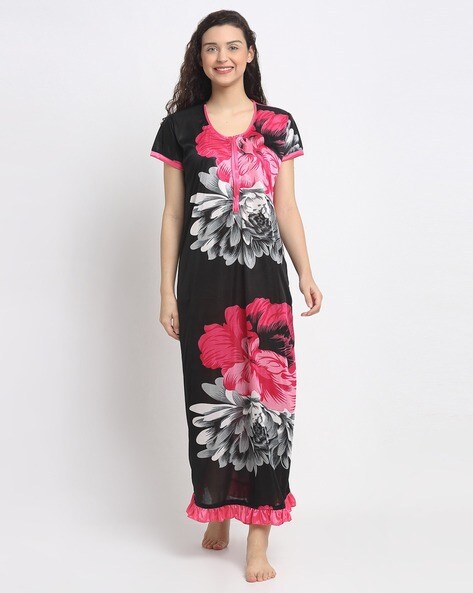 Buy ZC Women Full Sleeves Floral Maxi Cotton Nighty Pink & Black
