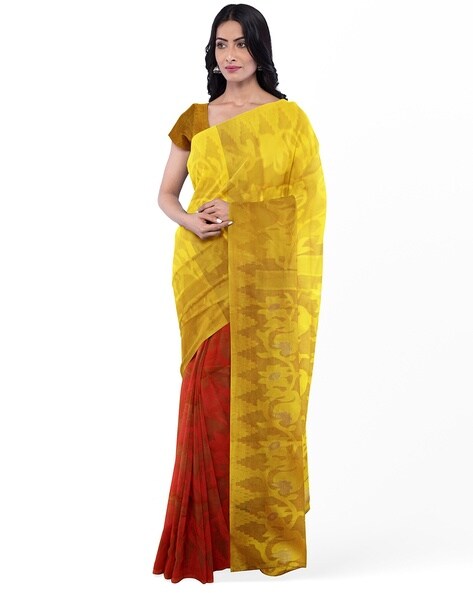 Fuchsia jacquard pure-silk half-saree, contrast zari-rich border & blouse  in vanasingaram-style & dhavani of floral jaal