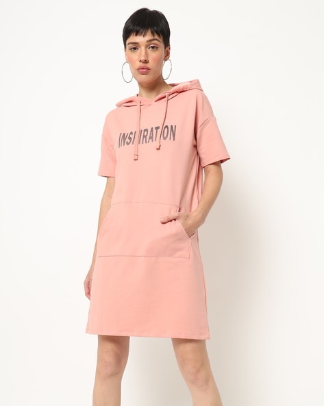 Typographic Print Hooded Shift T-shirt Dress