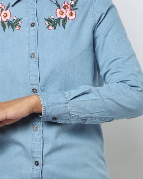 Buy Tribal Women's Long Sleeve Embroidery Denim Shirt, Light Blue, M at  Amazon.in