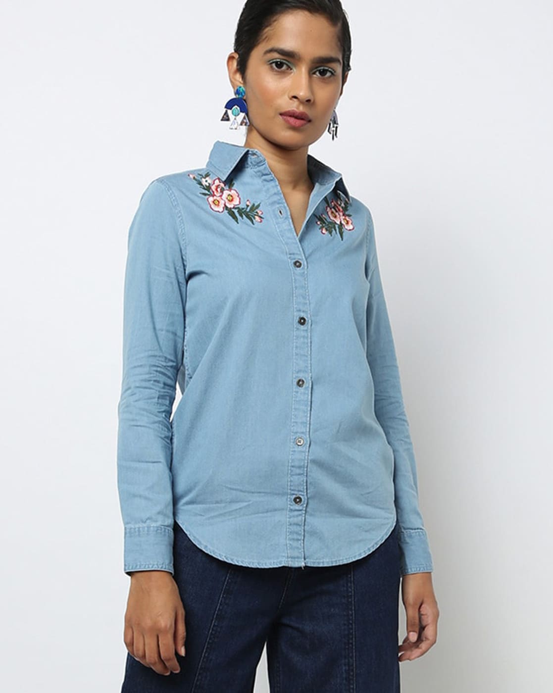 Buy Zilcremo Women Denim Shirt Chambray Collared Jean Shirts Long Sleeve  Pocket Button Down Blouses, Blue, X-Large at Amazon.in