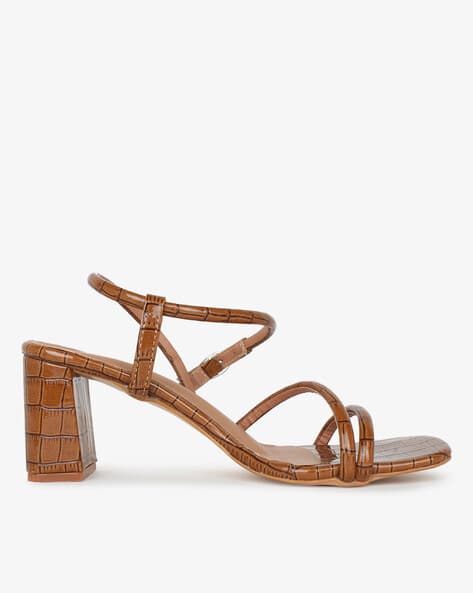 Croc-Embossed Strappy Chunky Heels