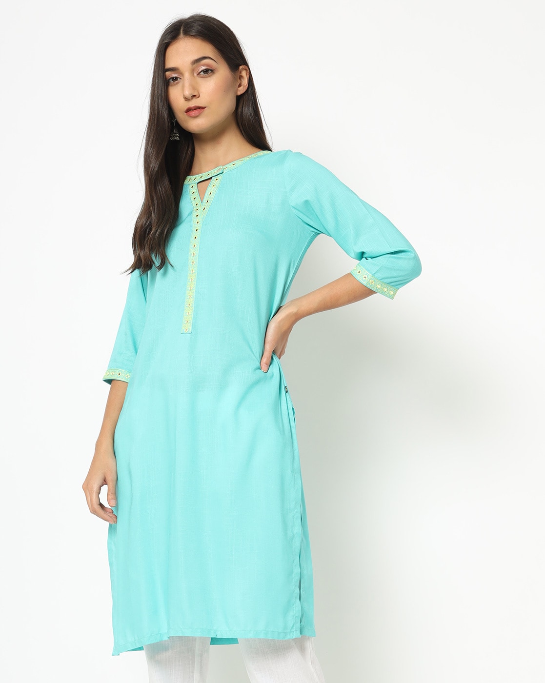 Buy SHADES OF FAASHION Aqua Blue Georgette Chikankari Gather Dress With Key  Hole Button online