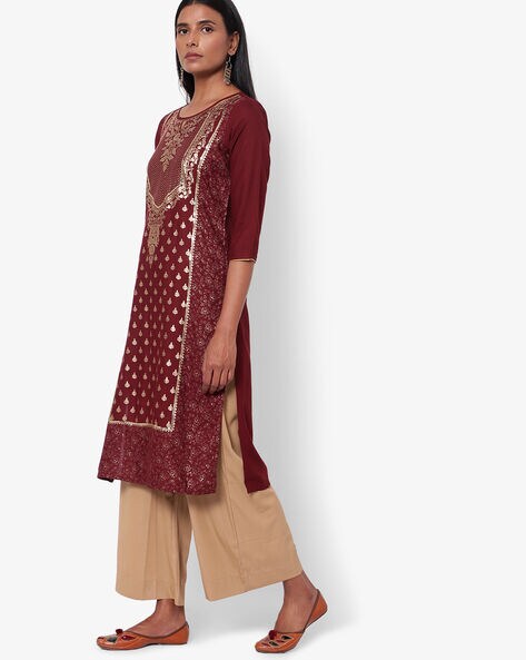 Foil Print Straight Kurta with Palazzos Price in India