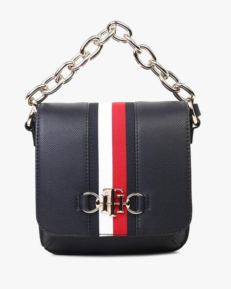 Brand Striped Sling Bag with Flap Closure