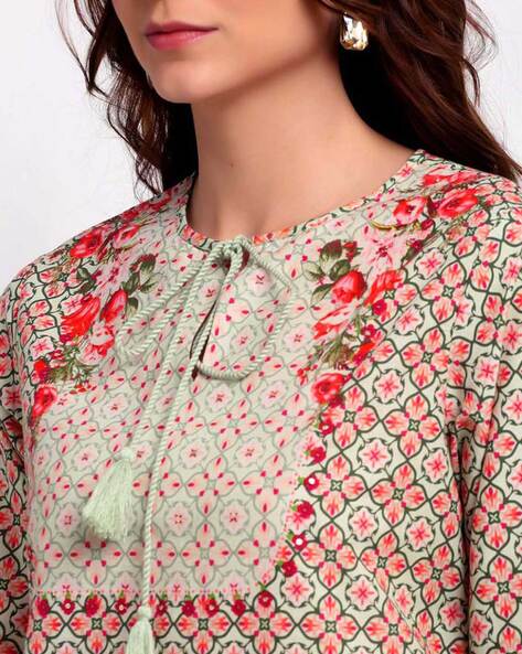 Floral Print A line Kurti with Neck Tie Up