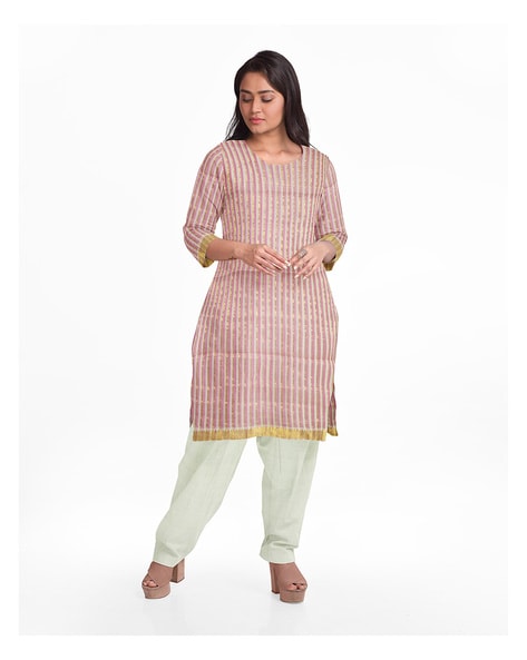 Striped Unstitched Dress Material with Dupatta Price in India