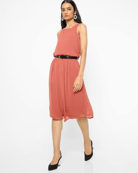 Encrustd Sleeveless Fit & Flare Dress with Belt