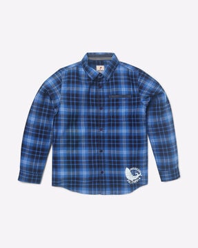 Juscubs Checked Shirt with Patch Pocket For Boys (Blue, 8-9Y)