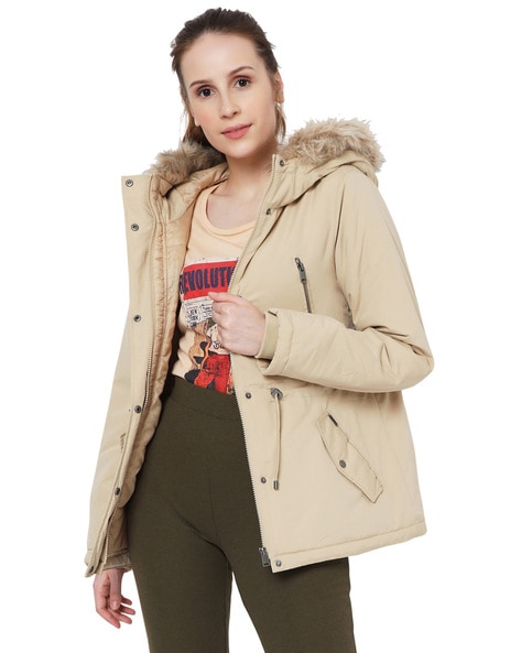 beige fur hooded coat