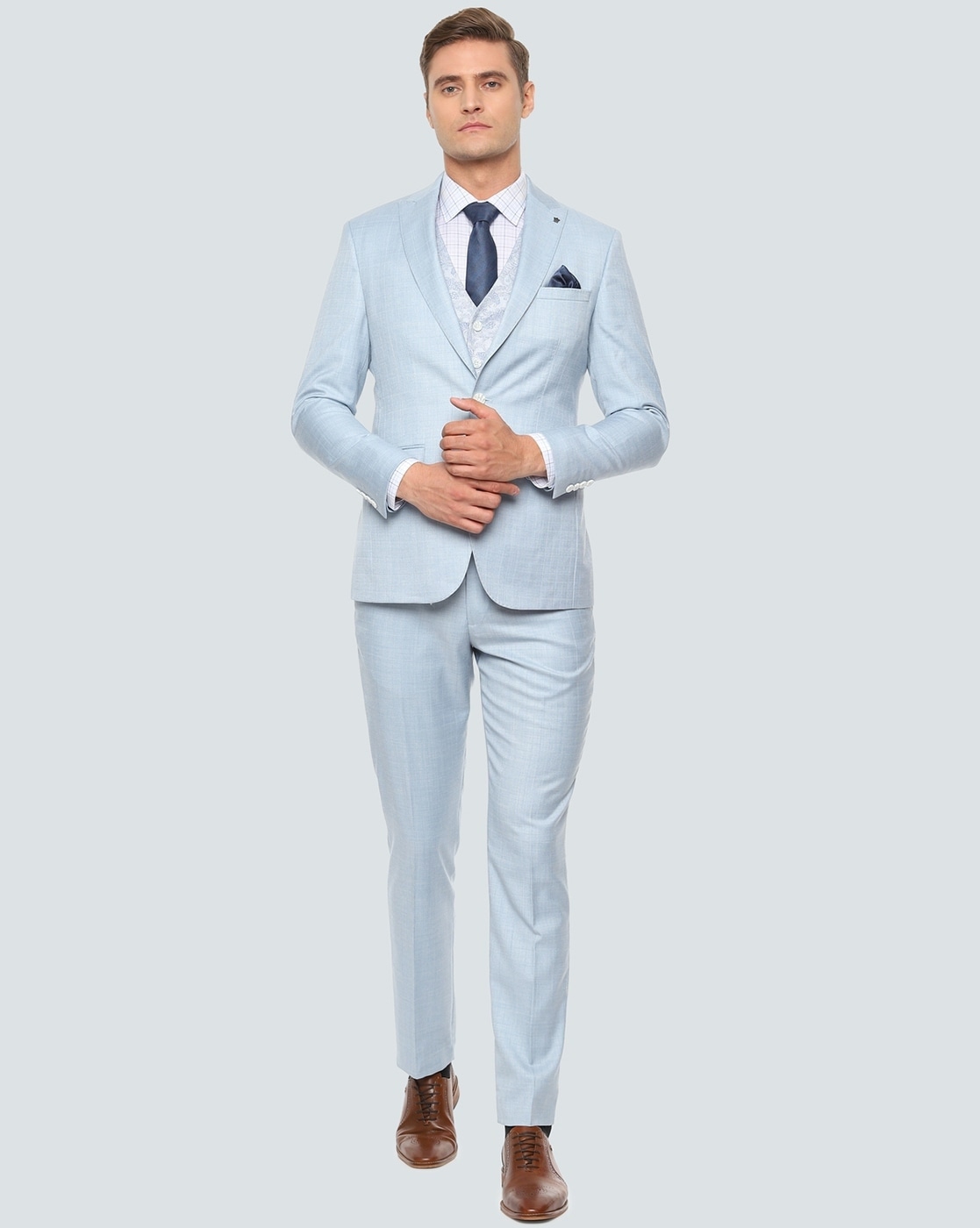 Louis Philippe Blue Slim Fit Checks Three Piece Suits