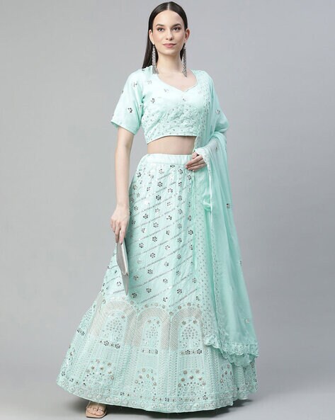 RE - White And Green Colored Chinon Fabric Lehenga Choli - New In - Indian