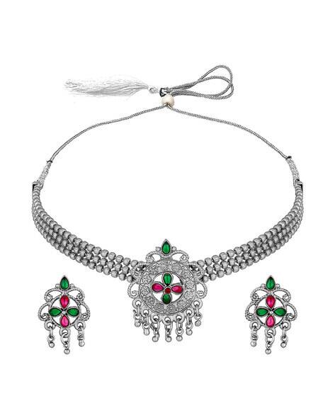 Bevogue BV3273NK Silver-Plated Stone-Studded Choker Necklace with Earrings
