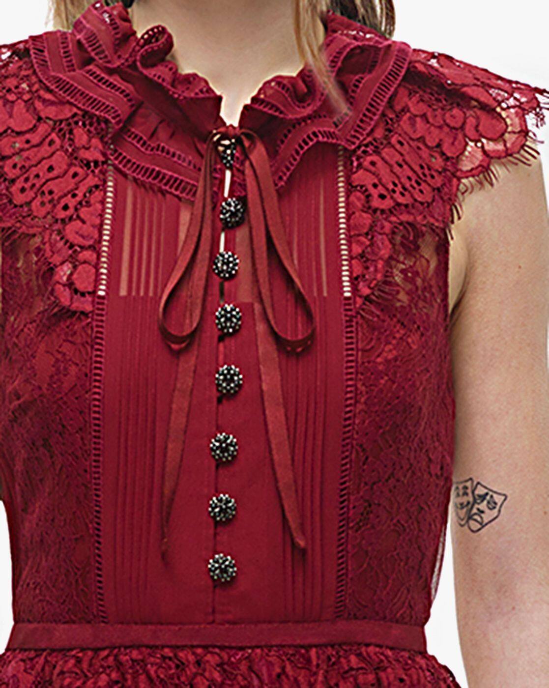 Buy Self Portrait Cord Lace Slim Fit Tiered Midi Dress | Maroon