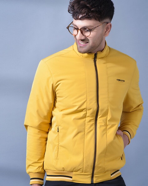 Stay Stylish and Cozy with Our Yellow Striped Round Neck Jacket