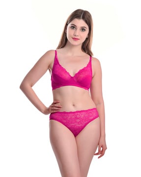 Buy online Pink Net Bra And Panty Set from lingerie for Women by