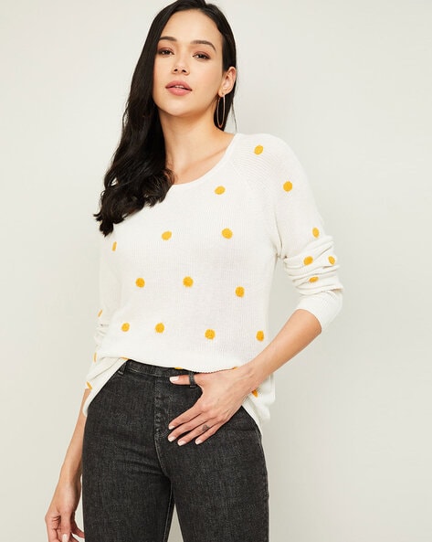 grey sweater with white polka dots