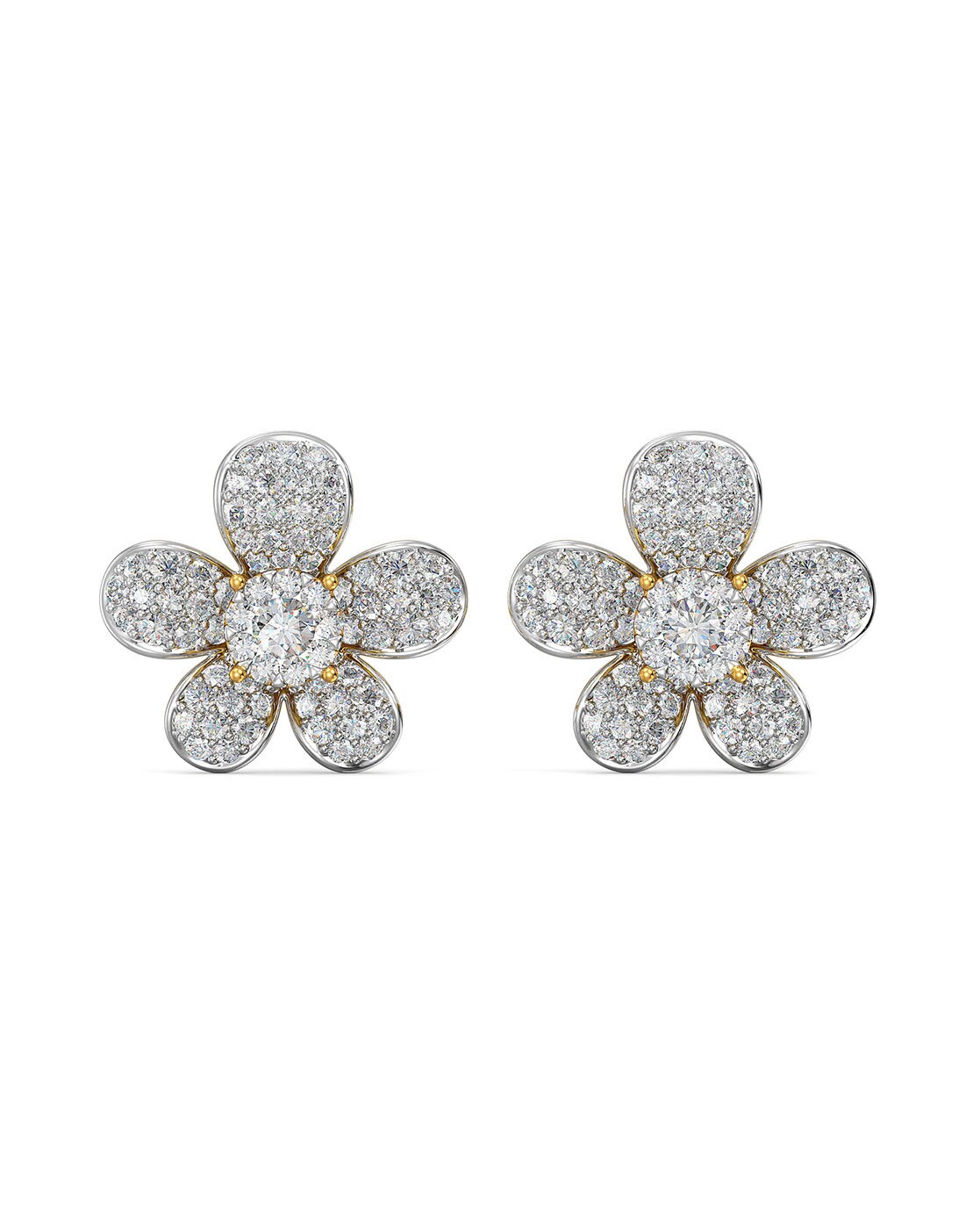 Yellow & White Diamond Flower Cluster Earrings 14K W Gold 1.20ct - IE54