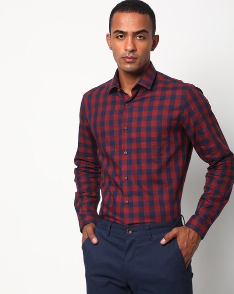 blue and red check shirt mens