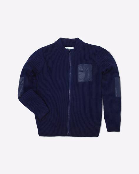 Self-Striped High-Neck Zip-Front Sweater