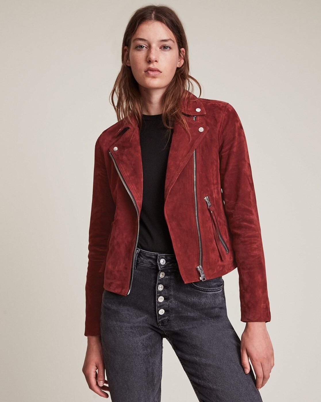 Buy ALL SAINTS Dalby Suede Slim Fit Biker Jacket | Cherry Red