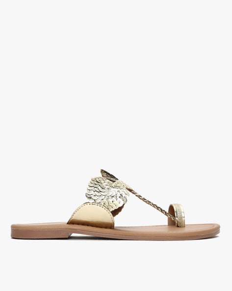 Buy Alberto Torresi Embellished-sequined Synthetic Beige Flat Sandals For  Women online