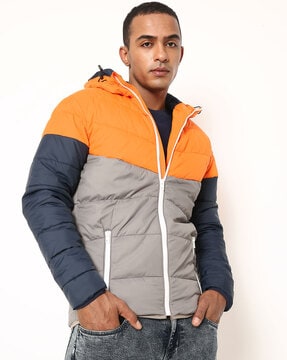 orange down jacket with hood