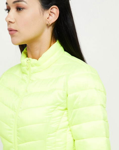 Women Neon Green Sleeveless Quilted Puffer Jacket