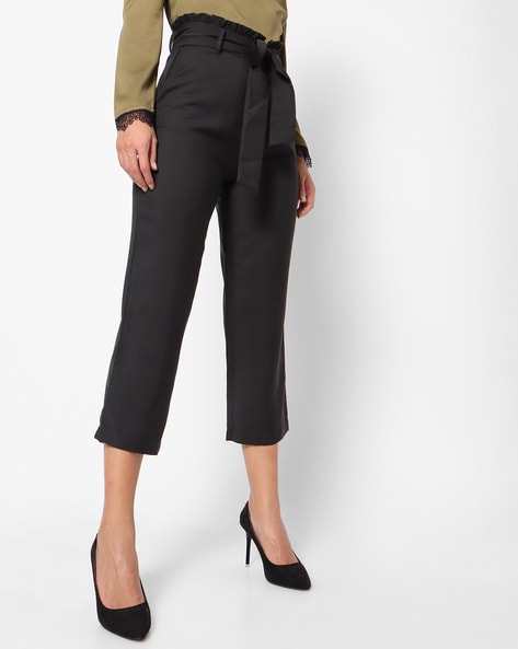 VIYAN Women's Black Pant Paperbag Waist Self Belted Slant Pocket Pants  Regular Fit Trouser Pant : Amazon.co.uk: Fashion