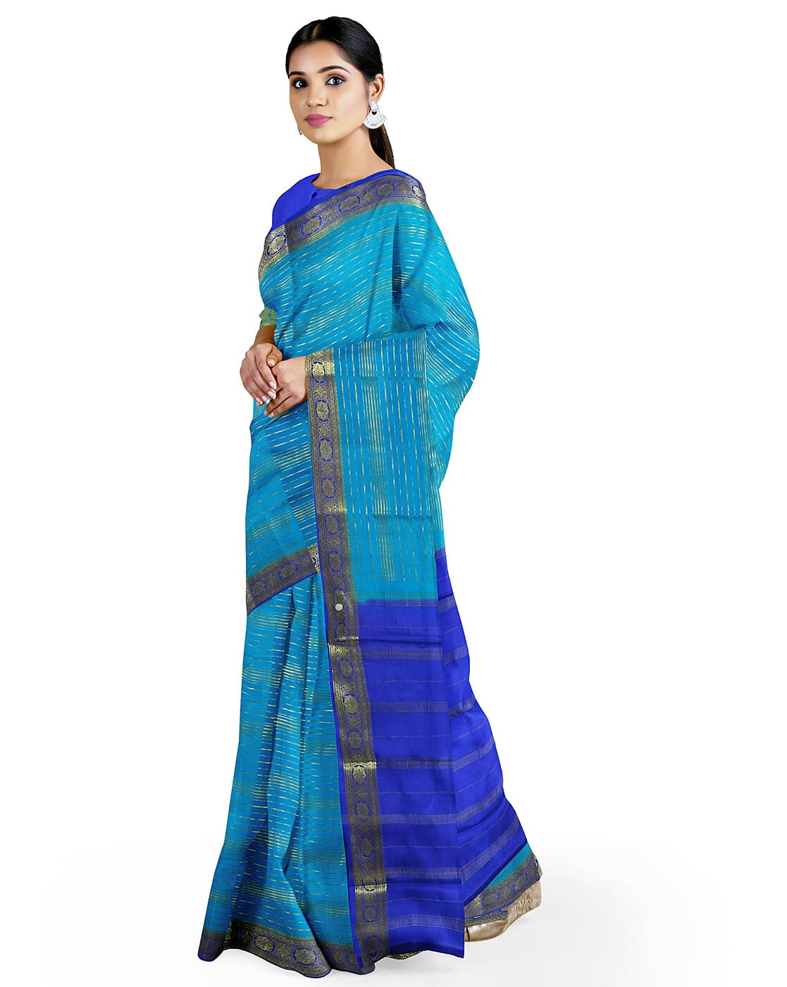 Handloom Cotton Silk Saree With Sleek Golden Border~sky blue –  verymuchindian.com