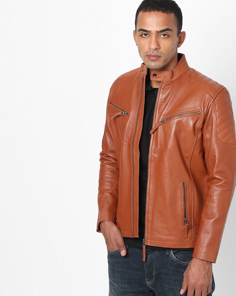 Tan leather biker hot sale jacket mens