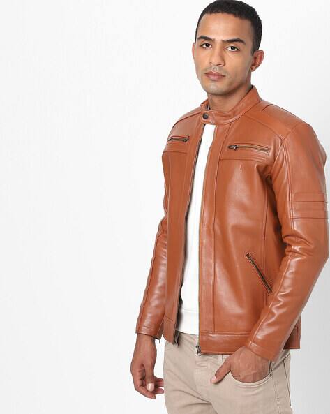 Buy Tortoise Genuine Leather Zip-Front Bik Online | Ajio.com