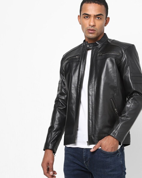 Biker Dark Black Pure leather Jacket - Men - 1757100653