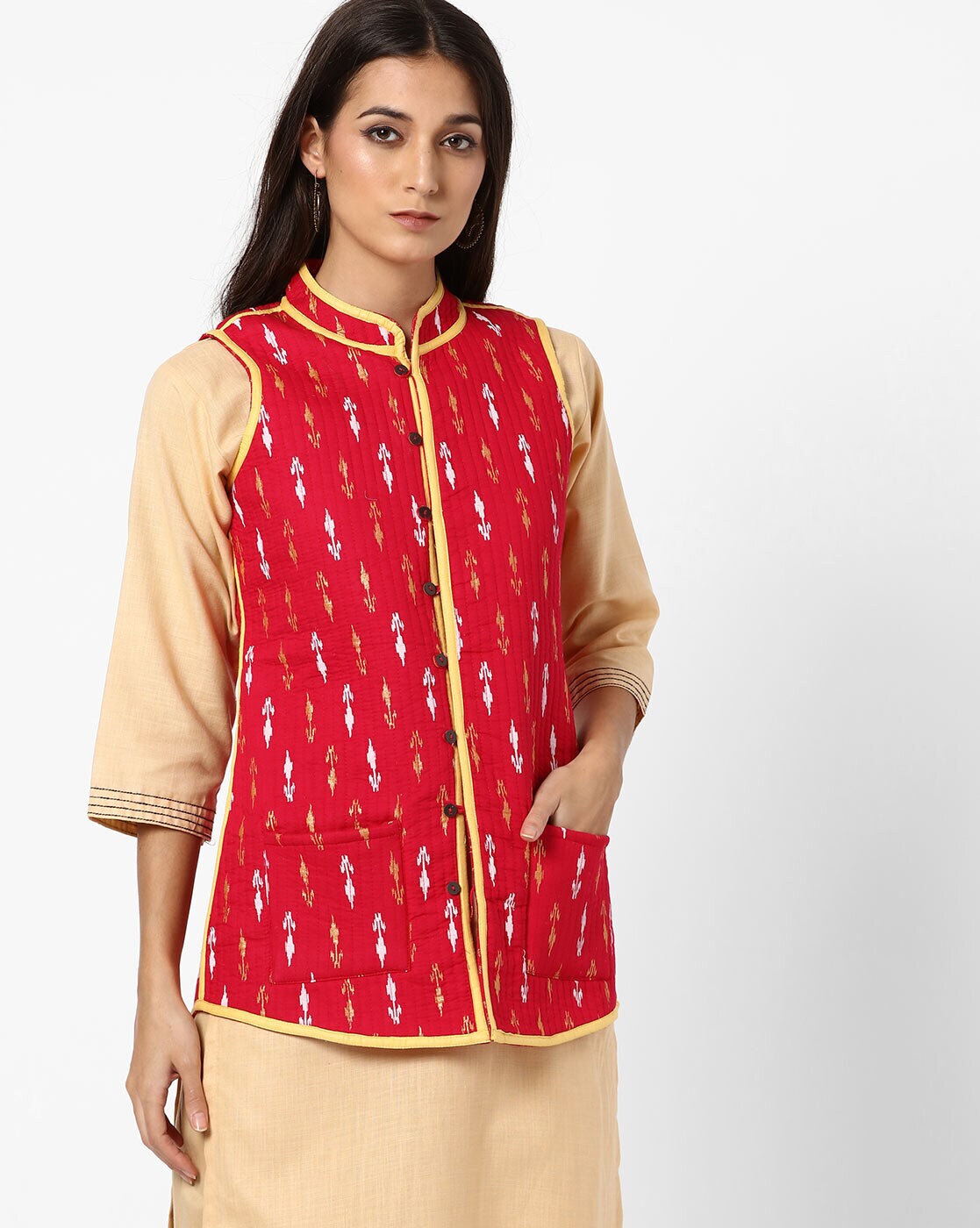 Get Bagru Red Round Neck Reversible Cotton Quilted Sleeveless Jacket at ₹  1800 | LBB Shop