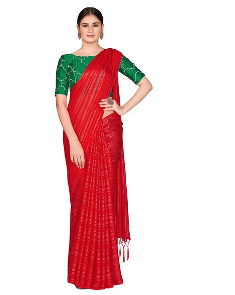 Red Saree with Contrast Blouse in Golden Metelic - Shahi Fits