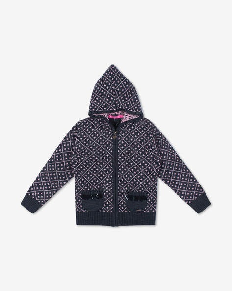 Wingsfield Geometric Pattern Zip-Front Hoodie