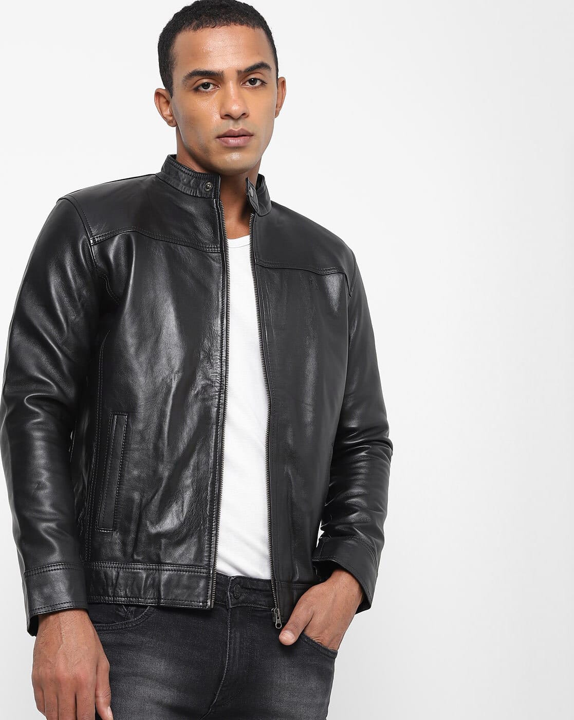 【えいぼー】leather jacket Buy Tortoise Zip-Front Leather Jacket with Online | Ajio.com