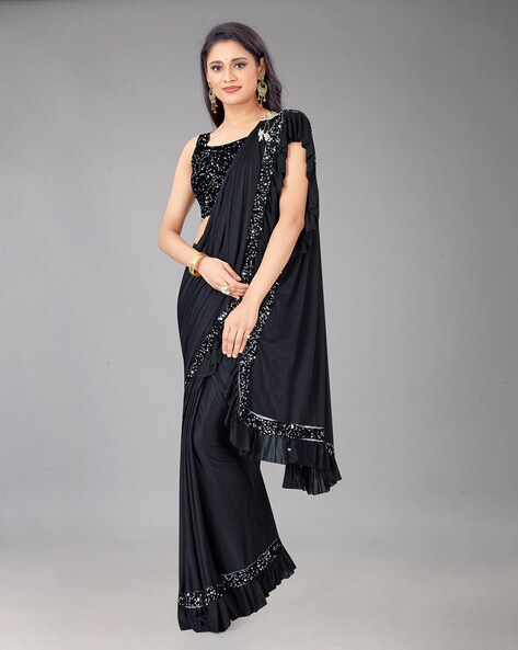 Sarees | Seamless Synthetic Black Shiny Saree alongwith Blouse | Freeup