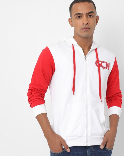 White hoodie with store red sleeves