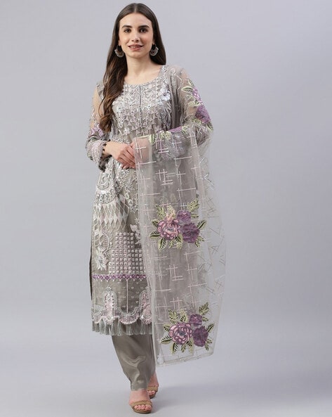 Grey dress material with embroidery 