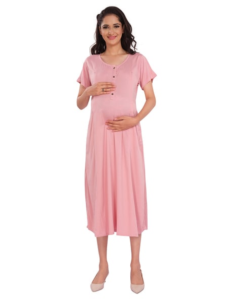Red Fit and Flare Cotton Maternity and Feeding Dress
