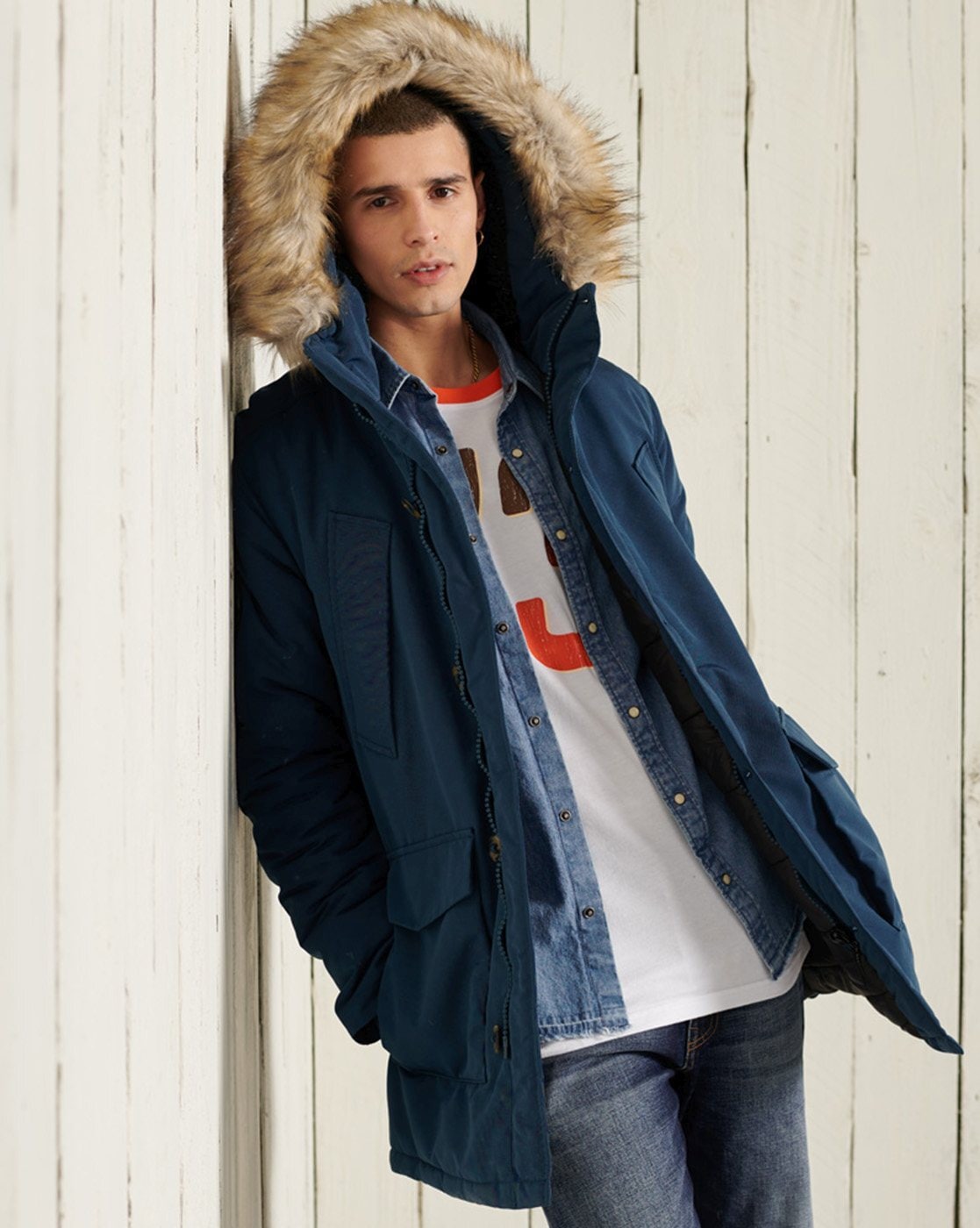 Men's blue parka store fur hood