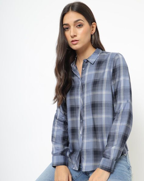 Blue checked hotsell shirt womens