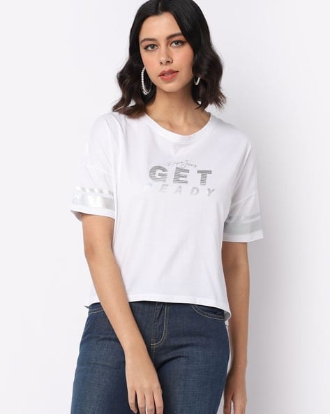 Typographic Print Crew-Neck T-shirt with Drop Shoulder Sleeves