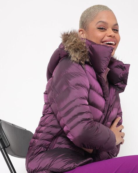 Purple coat with fur on sale hood