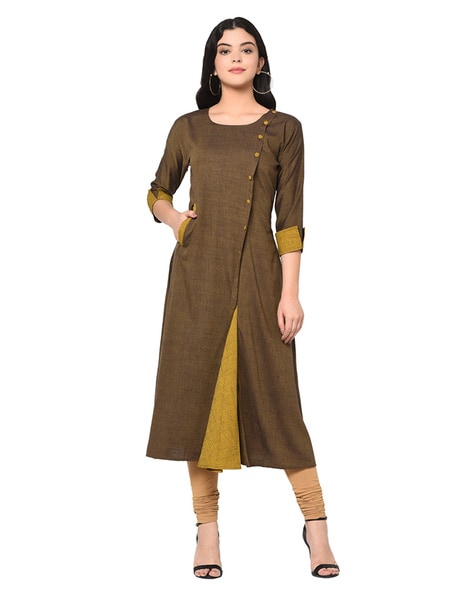 Digital Print Cotton Silk Party Wear Kurti in Brown