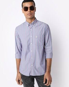 blue and white striped shirt button down